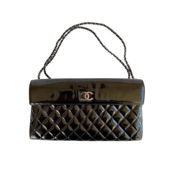 CHANEL Black Patent Leather Quilted Chain Wallet Bag Shoulder Clutch WOC - Picture 4 of 16